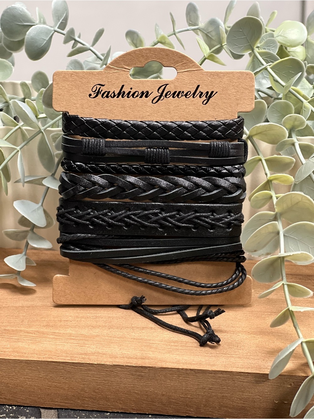 Black Fashion Jewelry Layered Leather 6 pc Bracelet Set